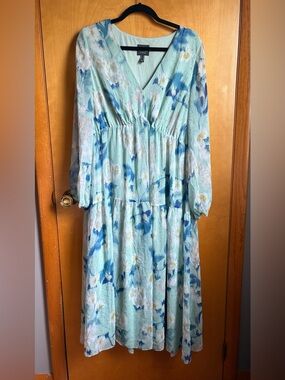 Adrianna Papell Floral Midi Dress 14 | Mint Blue Long Sleeve Empire Waist